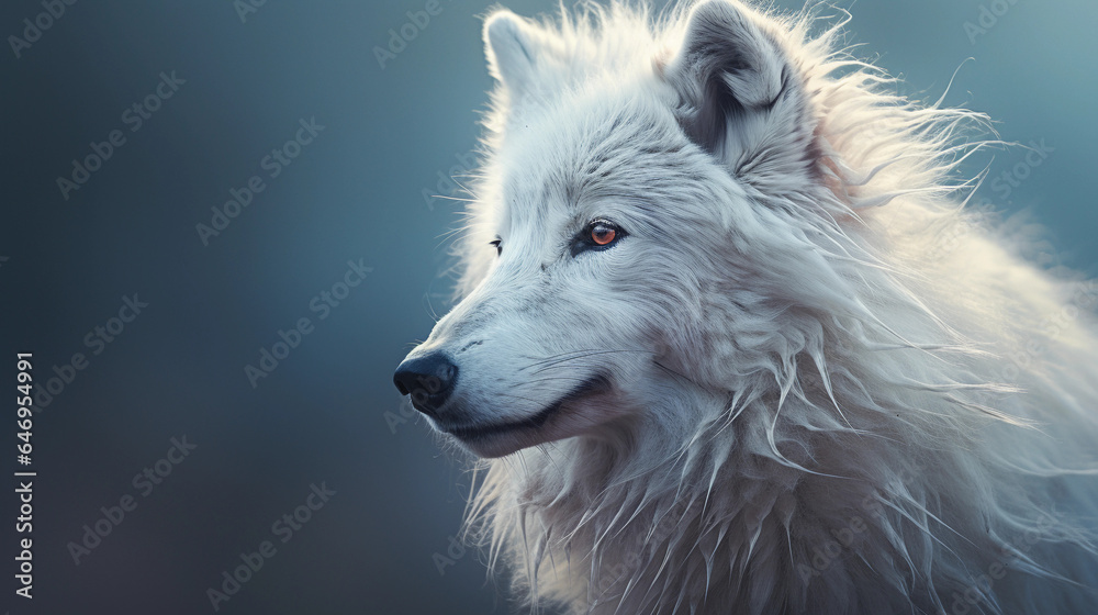 a white Arctic wolf with a luxuriously long and voluminous hairstyle, icy backdrop, dramatic contrast, subtle rim lighting