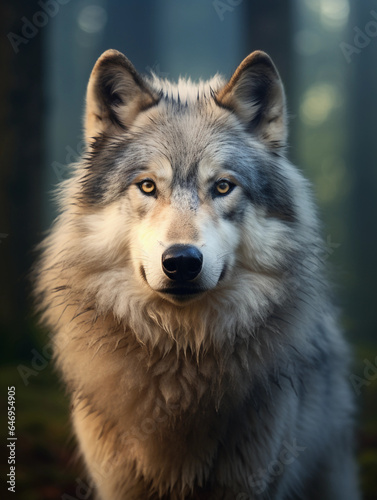 adult gray wolf  long voluminous hairstyle  looking into the camera  piercing blue eyes  in a misty forest at dawn  ethereal atmosphere