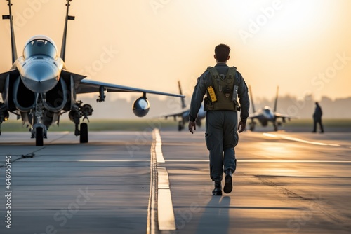 Back view of a fighter pilot walking to aboard jet fighter on airfield during sunset light.
