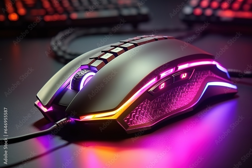Close up of a RGB computer mouse  - obrazy, fototapety, plakaty 