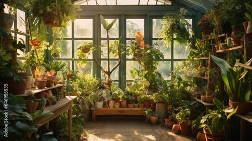 The home garden interior is filled with a variety of beautiful plants in different pots, creating a stylish and jungle like atmosphere. © Vusal