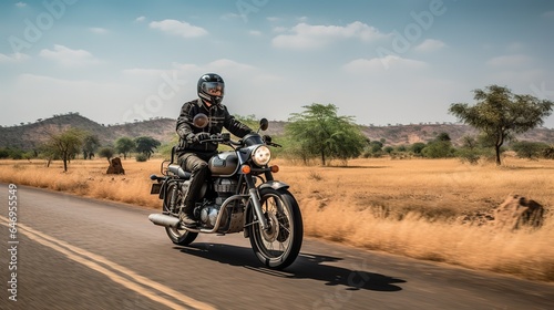 Motorcycle on the road, having fun driving the empty road on a motorcycle tour journey.