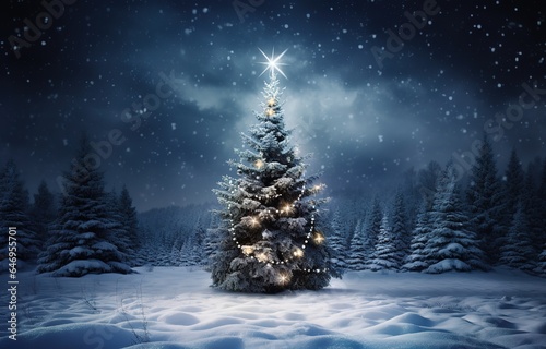 Christmas tree with snow, A huge Christmas tree with bright lights and presents © Rayhanbp