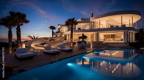 Luxury villa with swimming pool at sunset. Panorama