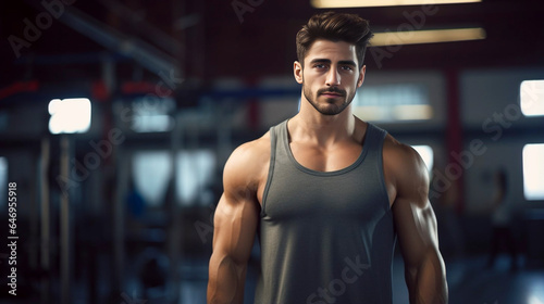 handsome white American athlete bodybuilder with healthy muscular body standing with a tank top shirt in a gym. blurry fitness gym in the background.