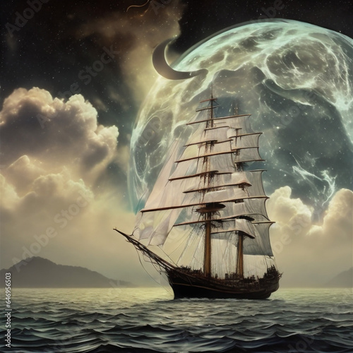 Pirate ship on the ocean at full moon background. Old Sailing ship in the sea. Expedition ship.