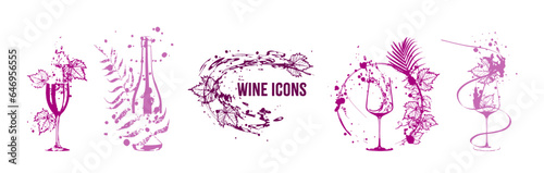 Wine icons for wine events. Hand drawn elements for invitation cards, advertising banner and menu cards. Splashing wine. Sketch vector illustration. 
