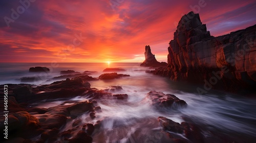 Panorama of a beautiful sunset over the rocks on the Atlantic Ocean in Portugal © Iman