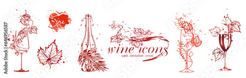 Wine icons for wine events. Hand drawn elements for invitation cards, advertising banner and menu cards. Splashing wine. Sketch vector illustration. 
