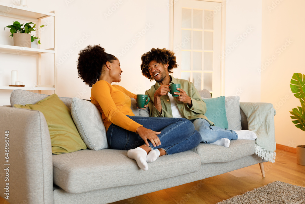 Happy African American Couple Enjoying Relaxing Coffee Break Together Indoors