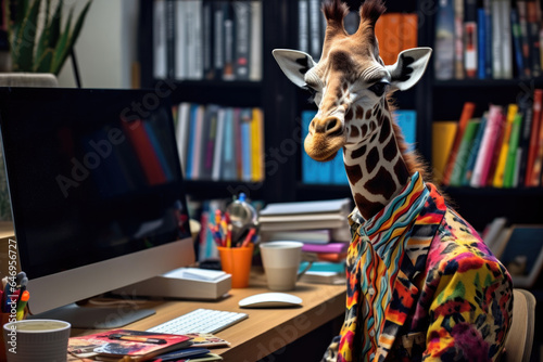 A giraffe wearing a colorful shirt sitting in front of a computer in room full of books. © tilialucida