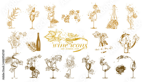 Wine icons for wine events. Hand drawn elements for invitation cards, advertising banner and menu cards. Splashing wine. Sketch vector illustration. 