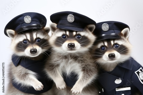 Three little raccoons dressed in police uniforms. Imaginary photorealistic image. © tilialucida