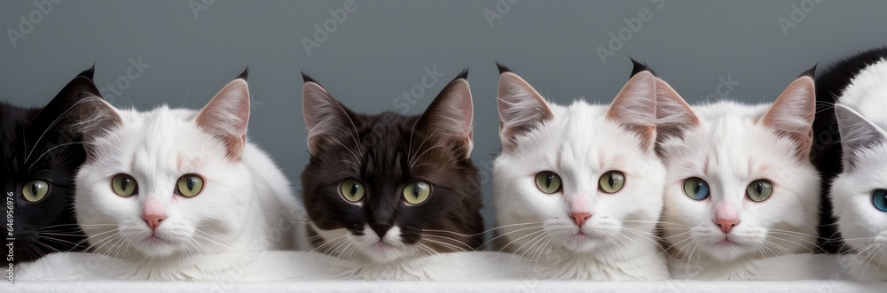Group of Different kitties heads peeks out from behind a grey white wall. Row of Funny cat peeks out. Image for veterinary clinics, sites about pets. Copy space. Banner Group of Different kitties heads peeks out from behind a grey white wall. Row of Funny cat peeks out. Image for veterinary clinics, sites about pets. Copy space. Banner