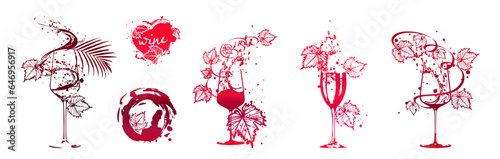 Wine icons for wine events. Hand drawn elements for invitation cards, advertising banner and menu cards. Splashing wine. Sketch vector illustration. 