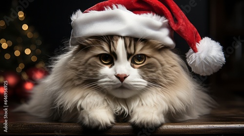 Christmas cat. Cat wearing santa claus hat.