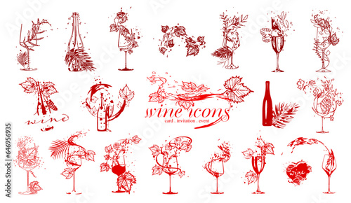Wine icons for wine events. Hand drawn elements for invitation cards, advertising banner and menu cards. Splashing wine. Sketch vector illustration. 