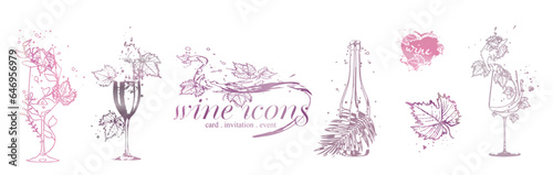 Wine icons for wine events. Hand drawn elements for invitation cards, advertising banner and menu cards. Splashing wine. Sketch vector illustration. 
