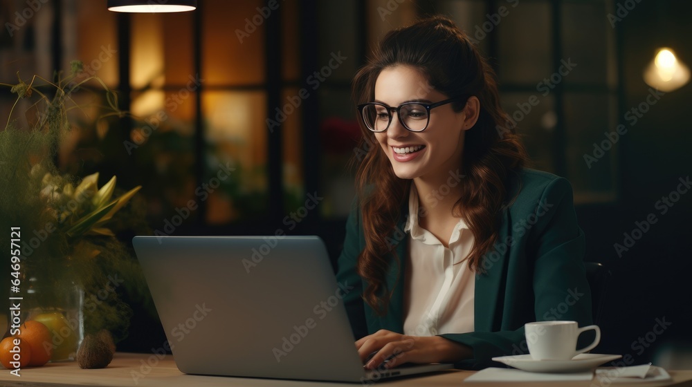 Businesswoman uses computer at the kitchen table. Generative AI Businesswoman uses computer at the kitchen table. Generative AI