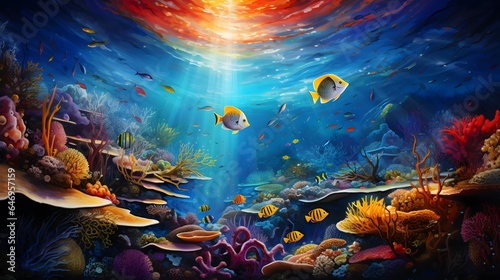 Underwater scene with fishes and coral reef - panoramic view