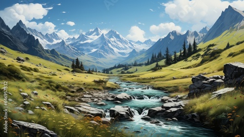 Captivating Scenic Beauty  Discover Majestic Peaks  Serene Lakes  and Lush Valleys amidst Pristine Nature  generative AI