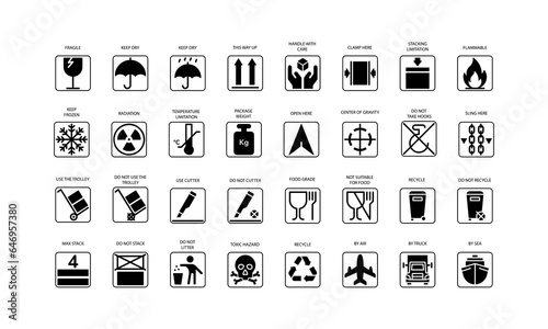 Vector packaging symbols set on white background. Cargo symbols, package signs.