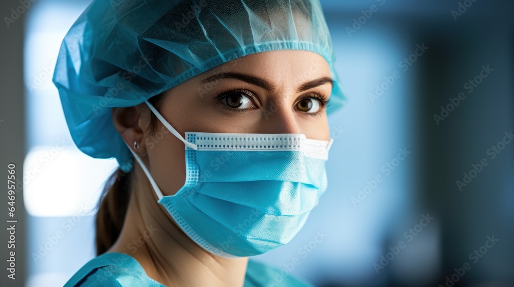 Masked female doctor in hospital corridor Masked female doctor in hospital corridor