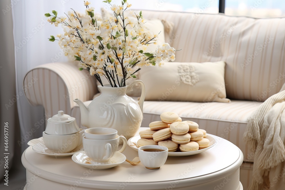 white porcelain the set with macarons on modern living room white white tones