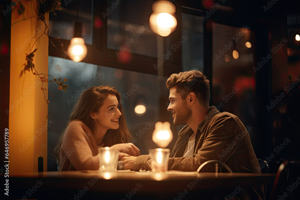 A young, happy couple, a man and woman, enjoy a romantic date at a restaurant, sharing smiles and love.