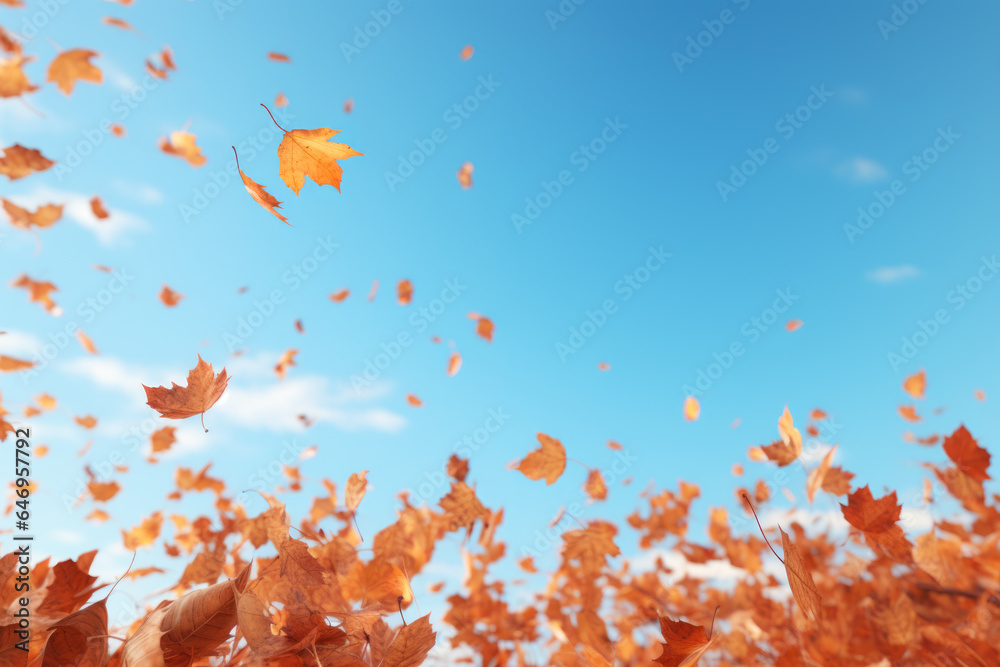 Beautiful autumn leaves fall from the trees, and the colored leaves fly up into the sky. Memories of autumn travel and leisure. Autumn color landscape concept. Beautiful autumn concept. travel concept Beautiful autumn leaves fall from the trees, and the colored leaves fly up into the sky. Memories of autumn travel and leisure. Autumn color landscape concept. Beautiful autumn concept. travel concept