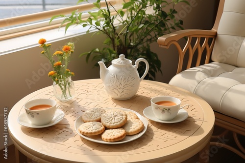 tea set for two with cookies on a round table and a armed chair illuminated with natural light
