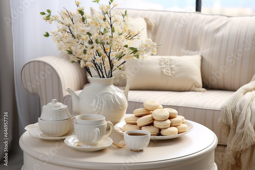 white porcelain the set with macarons on modern living room white white tones