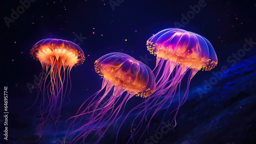 AI Generated 8K Photograph of Ethereal Jellyfish Floating in the Water, Their Translucent Bodies Illuminated by Gentle Underwater Lighting, Creating a Dreamlike Atmosphere.