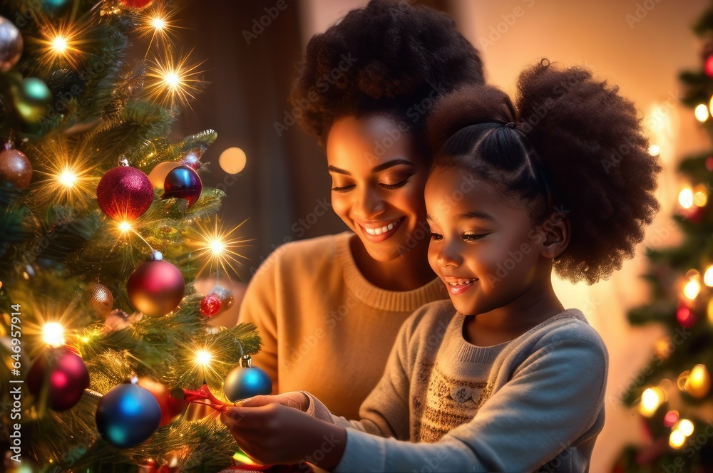positive smiling adorable african american beautiful girl decorating Christmas tree with happy mother, putting toys on branches, enjoying preparing for New Year celebration home, miracle time concept positive smiling adorable african american beautiful girl decorating Christmas tree with happy mother, putting toys on branches, enjoying preparing for New Year celebration home, miracle time concept