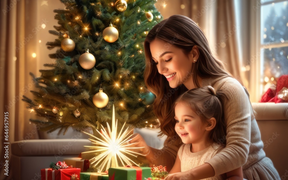 happy overjoyed adorable half american beautiful girl decorating Christmas tree with happy Mother, putting toys on branches, enjoying preparing for New Year celebration at home, miracle time concept