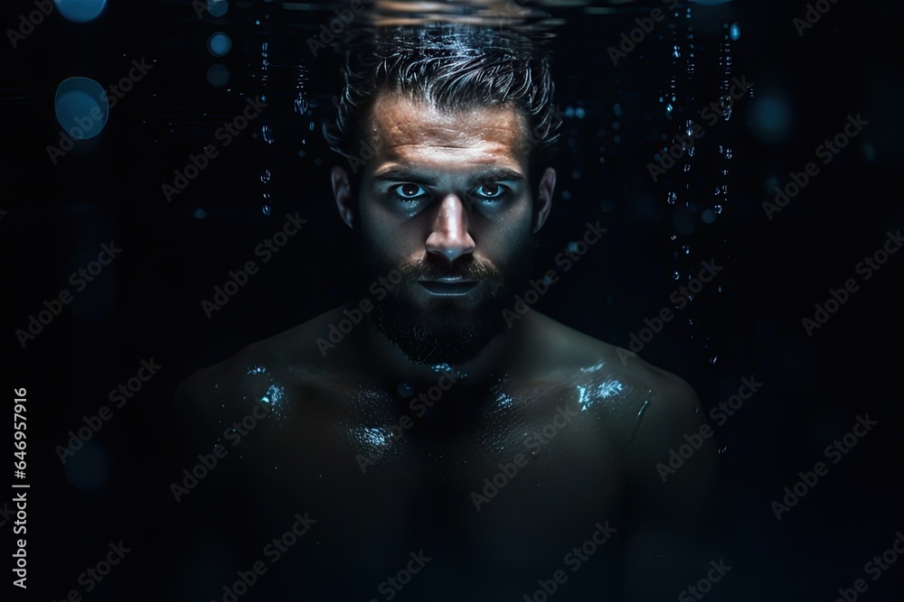 A handsome and muscular young man with a serious expression, his body glistening with water, in a dark and artistic silhouette. A handsome and muscular young man with a serious expression, his body glistening with water, in a dark and artistic silhouette.