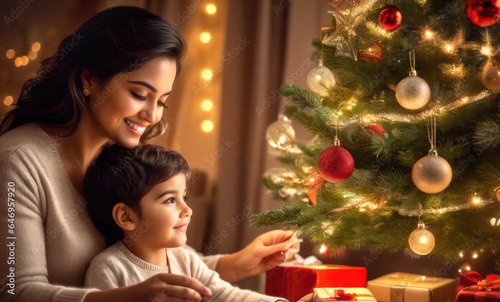 happy dreamy adorable hispanic woman decorating Christmas tree with happy child, putting toys on branches, enjoying preparing for New Year celebration at home, miracle time concept happy dreamy adorable hispanic woman decorating Christmas tree with happy child, putting toys on branches, enjoying preparing for New Year celebration at home, miracle time concept