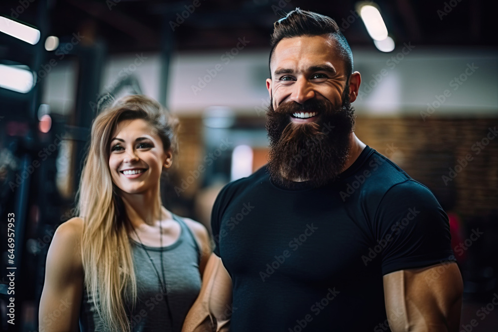 A fit, cheerful couple, guided by their trainer, works together in the gym, radiating health and happiness. A fit, cheerful couple, guided by their trainer, works together in the gym, radiating health and happiness.