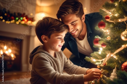 happy dreamy adorable half american handsome boy decorating Christmas tree with happy father, putting toys on branches, enjoying preparing for New Year celebration at home, miracle time concept © useful pictures