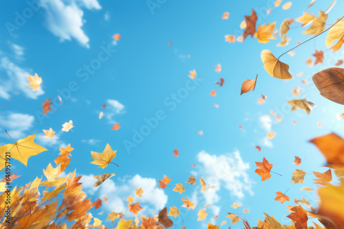 Beautiful autumn leaves fall from the trees, and the colored leaves fly up into the sky. Memories of autumn travel and leisure. Autumn color landscape concept. Beautiful autumn concept. travel concept