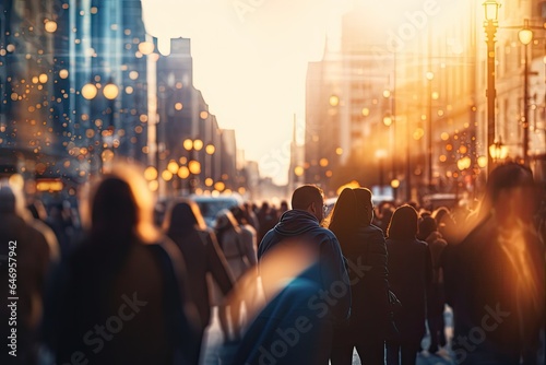 A bustling city street during sunset, filled with blurred figures in motion, representing the vibrant urban lifestyle.
