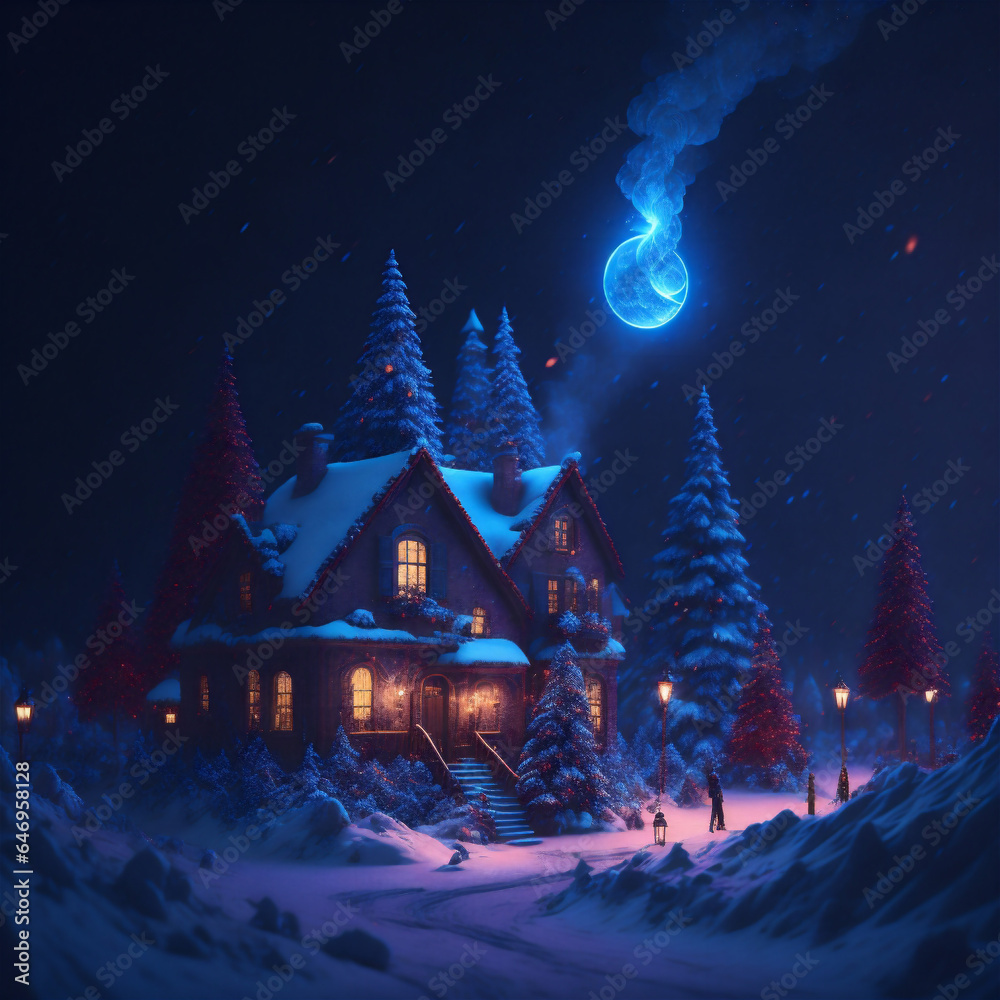 Naklejka premium Winter is coming Snowy night with coniferous forest houses in snow light garlands falling snow forest landscape, winter and New Year holidays. Festive winter landscape. Christmas