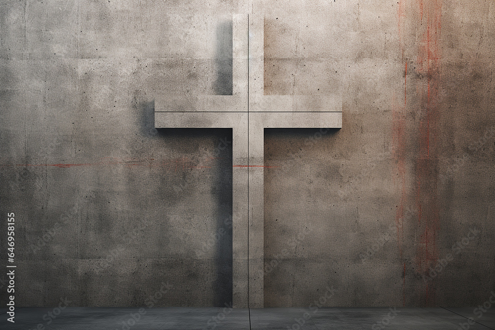 Gray Cross on a concrete wall. Christian illustration.