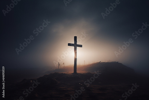 Cross in the fog on the morning mountain