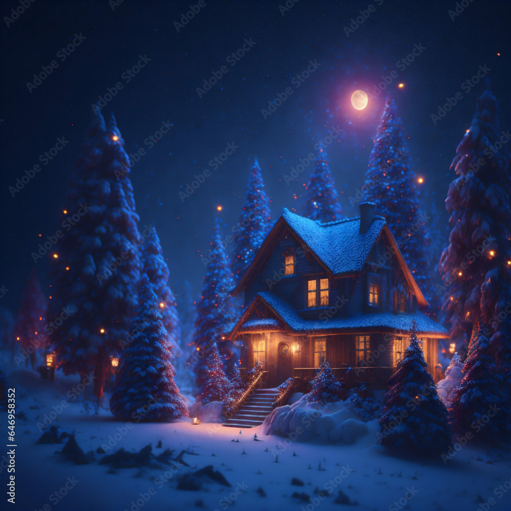Winter is coming Snowy night with coniferous forest houses in snow light garlands falling snow forest landscape, winter and New Year holidays. Festive winter landscape. Christmas