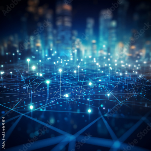 abstract big data network with blue neon light background