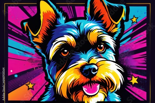 Bright drawing of a dog, schnauzer, on a T-shirt on a dark background. Satirical, pop art style, vibrant colors, iconic characters, action-packed, suitable for mascot or logo or reproduce on canvas