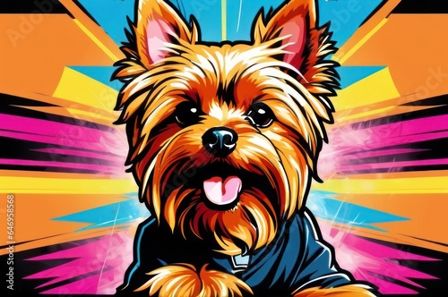 Bright drawing of dog, yorkshire terrier, on T-shirt on dark background. Satirical, pop art style, vibrant colors, iconic characters, action-packed, suitable for mascot, logo or reproduce on canvas photo