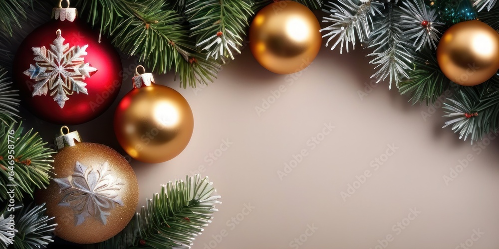 Top view. Christmas and New years eve Background. Beautiful Wide Angle Holiday Template with Christmas balls, fir tree and highlights with copy space. Christmas and New year greeting card concept