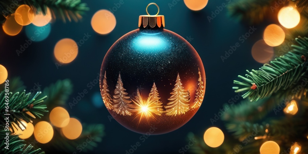 Christmas and New years eve Background. Beautiful Wide Angle Holiday Template with Christmas ball on fir tree and highlights. Christmas and New year greeting card concept Christmas and New years eve Background. Beautiful Wide Angle Holiday Template with Christmas ball on fir tree and highlights. Christmas and New year greeting card concept